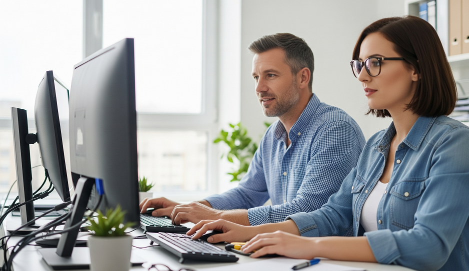 Fotografía de un equipo de webmaster ocupados simbolizando mantenimiento web